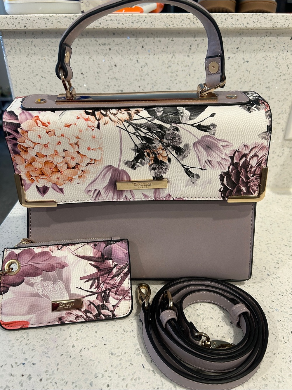Dune London Lilac Floral Top-Handle Satchel with Cardholder